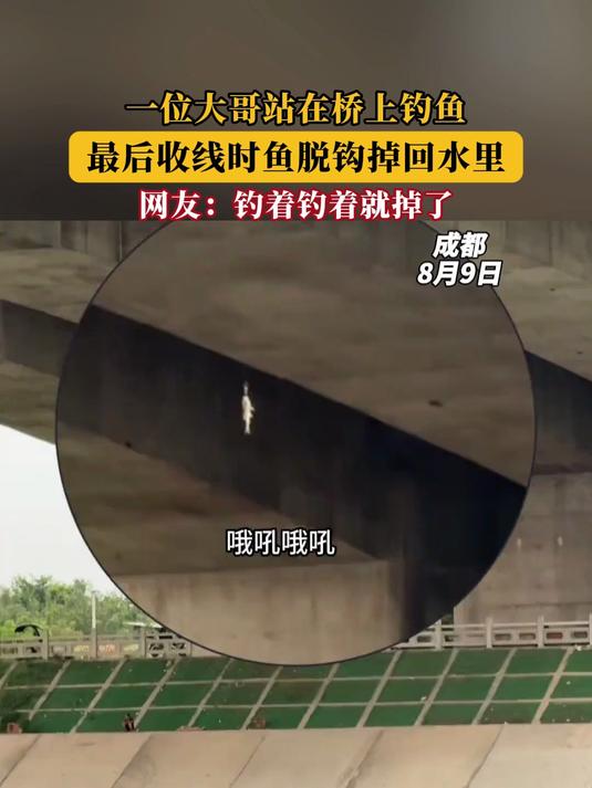 一位大哥站在桥上钓鱼，最后收线时鱼脱钩掉回水里！