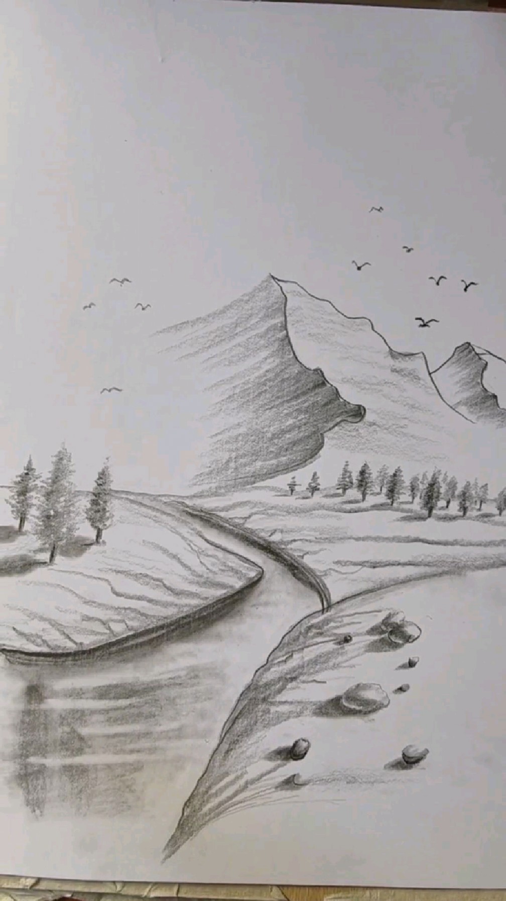 素描简笔画:教大家画简单的山间小溪