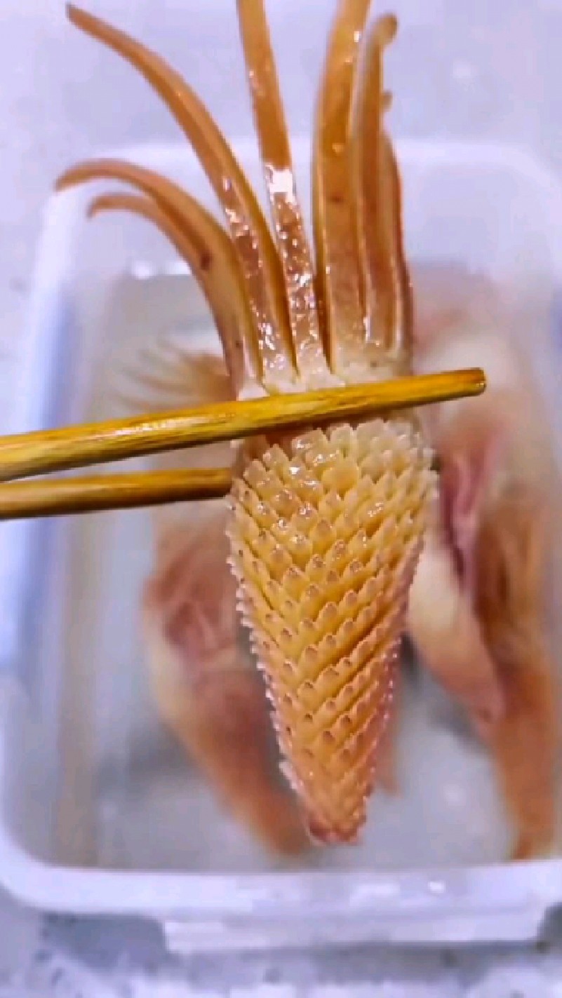 鱿鱼切花刀。师傅的刀功太厉害了。