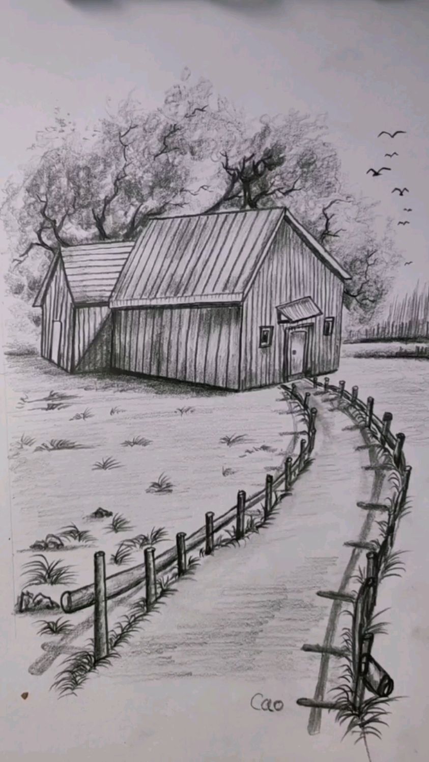 素描简笔画:教大家画好看的小木屋