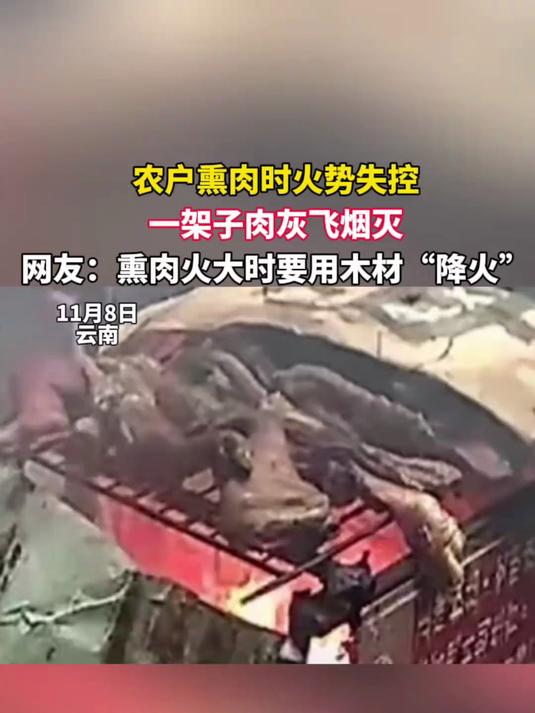 农户熏腊肉火势突然失控,一架子腊肉都烧成了炭。网友:熏肉时,一定要用木棍翻动干柴降火