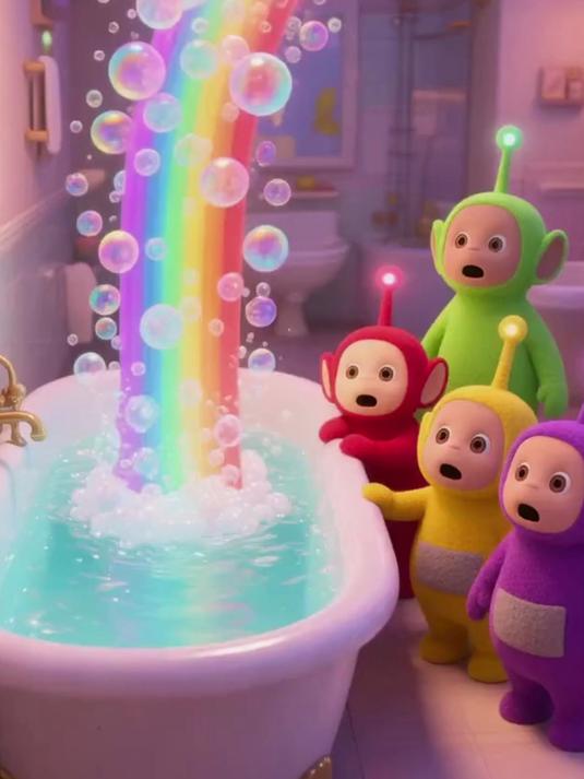 浴缸里的水变成彩虹泡泡!天线宝宝在泡泡里游泳