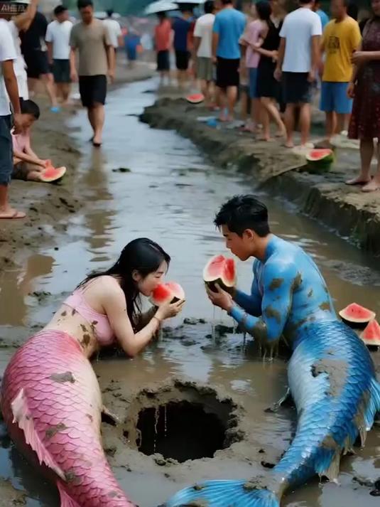粉色蓝尾“美人鱼”泥潭啃西瓜，尾巴甩飞泥浆现场欢乐瞬间