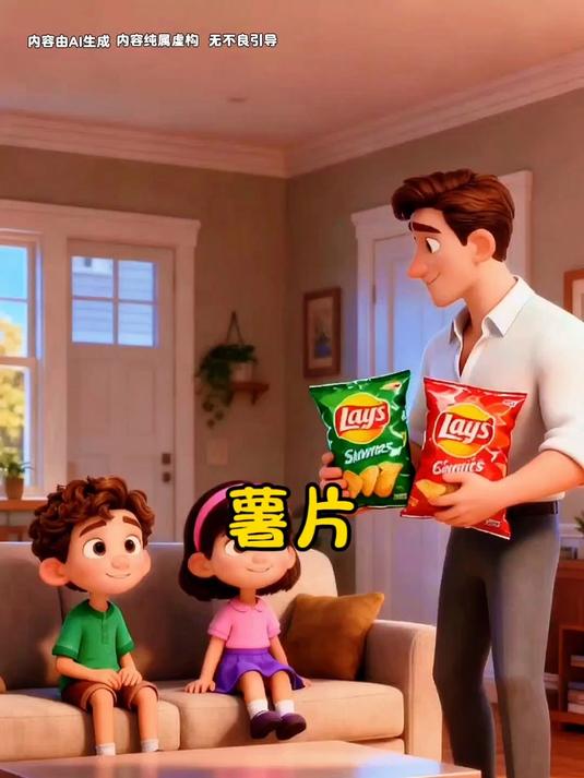 爸爸给孩子们一大一小的薯片