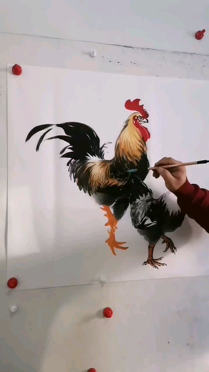 王兴民国画公鸡,绘画过程