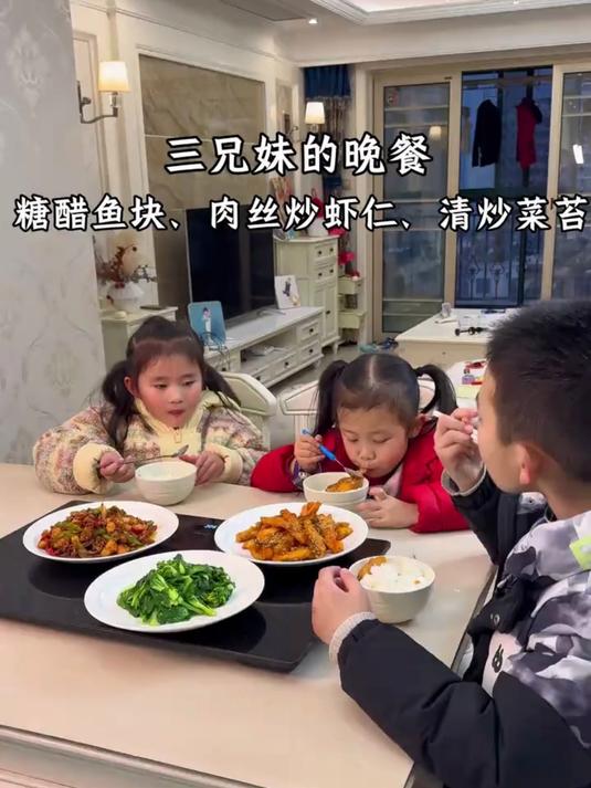 小学生兄妹的晚餐:糖醋鱼块、肉丝炒虾仁、清炒菜苔～