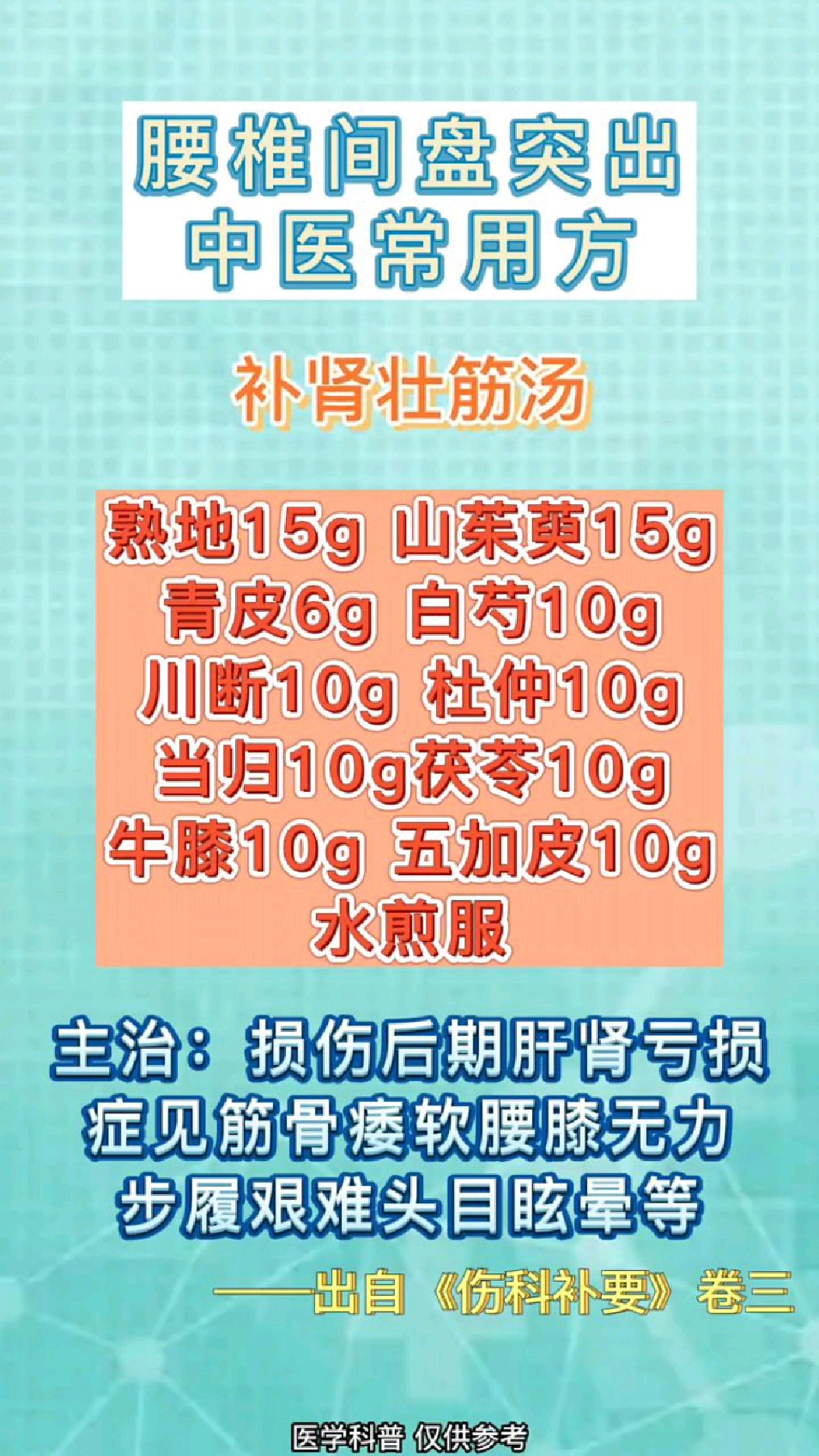 腰椎间盘突出,中医常用方——补肾壮筋汤