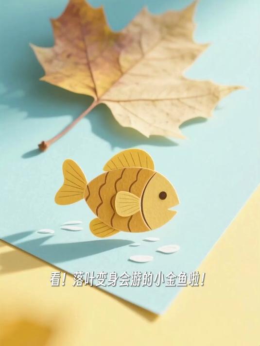 手工粘树叶,拼成小金鱼超灵动 (1)