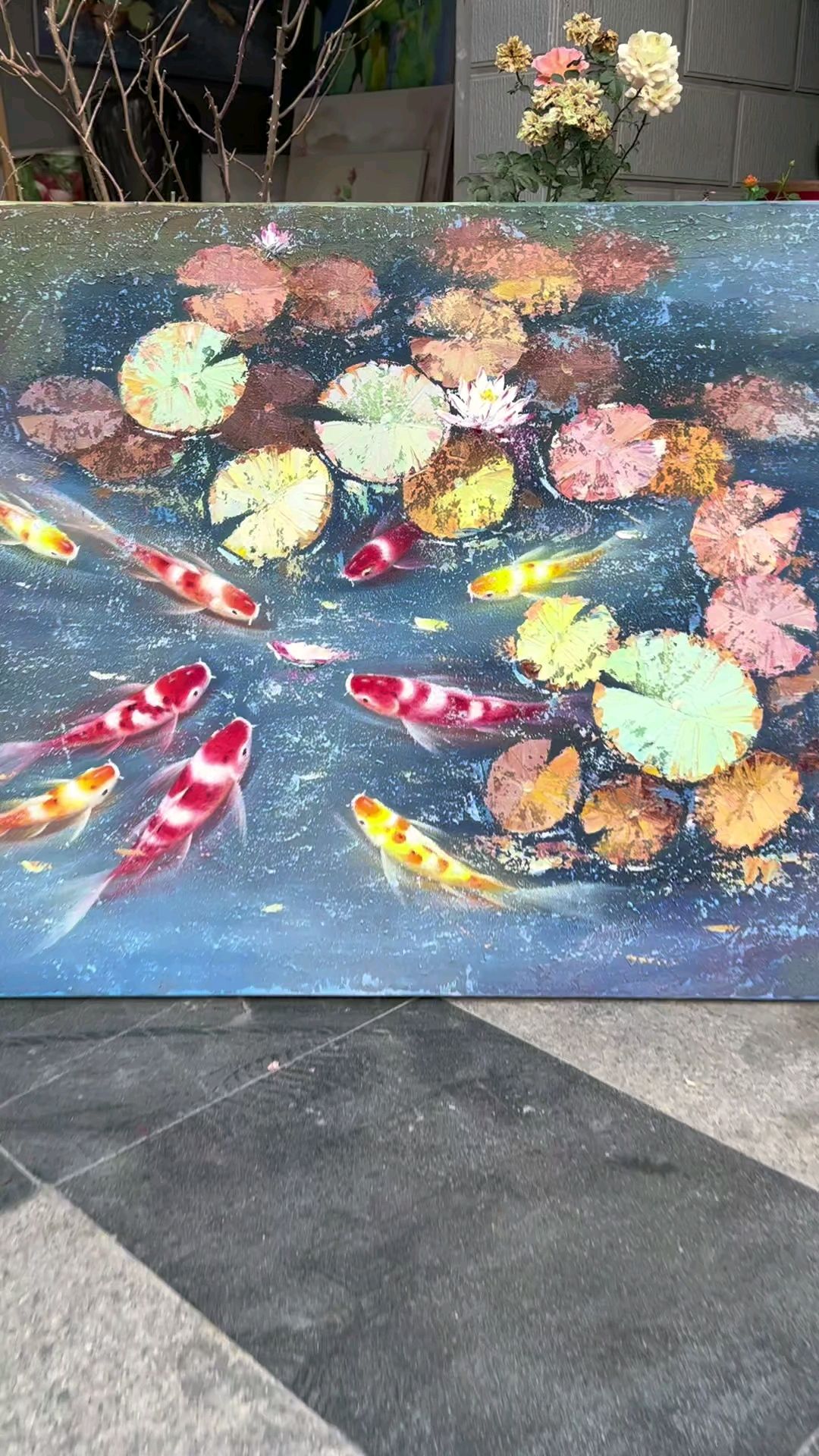 鲤鱼睡莲图原创油画