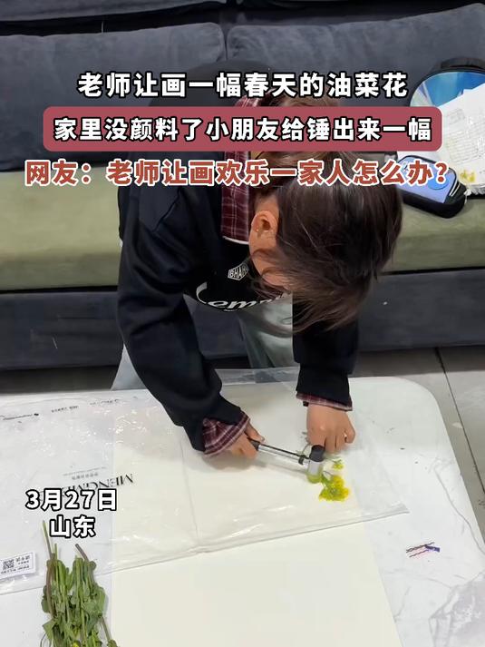 老师让画一幅春天的油菜花,家里没颜料了小朋友给锤出来一幅