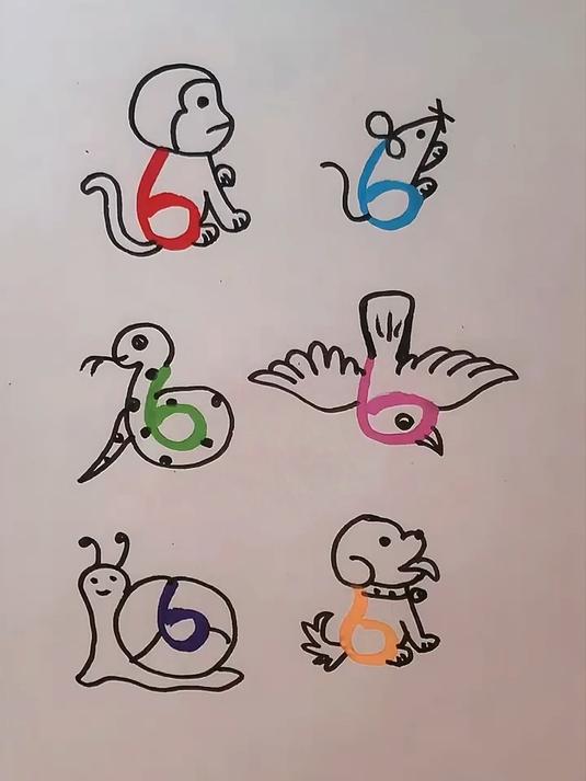 用数字6画各种小动物,来看看都能画哪些吧