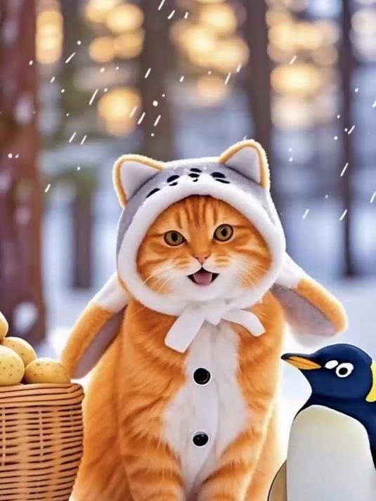 可爱小猫路上遇到迷路小企鹅，带回家做水煮鱼吃