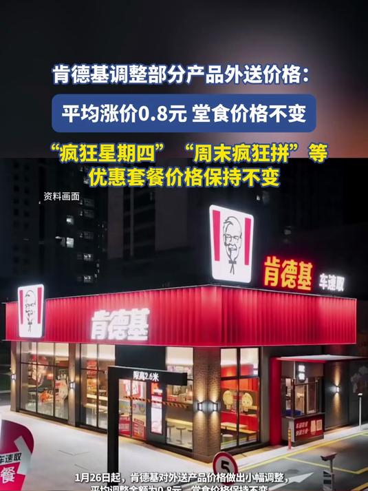 肯德基调整部分产品外送价格：平均涨价0.8元 堂食价格不变