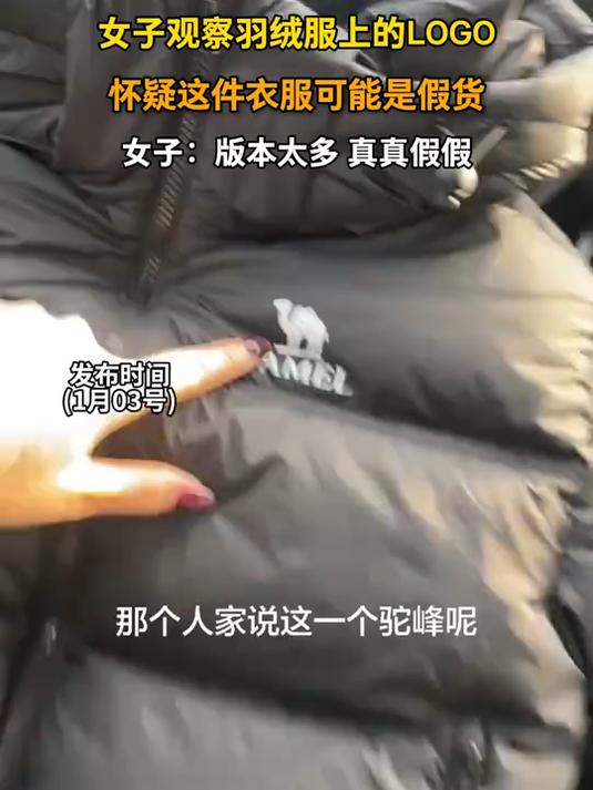 女子观察羽绒服上的LOGO,怀疑这件衣服可能是假货