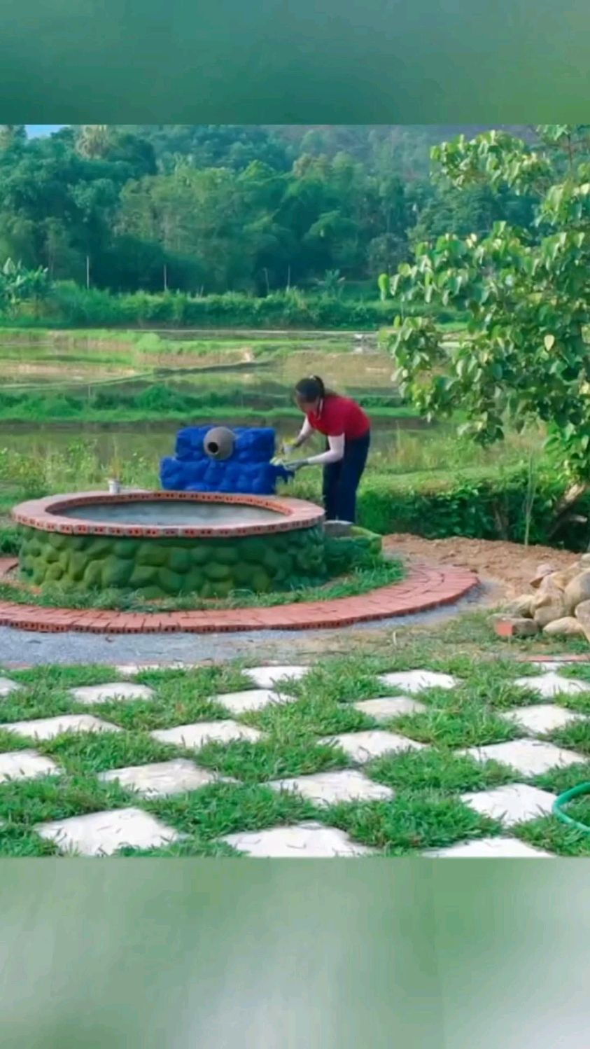 女子自建观赏性鱼池,修建技术太牛了