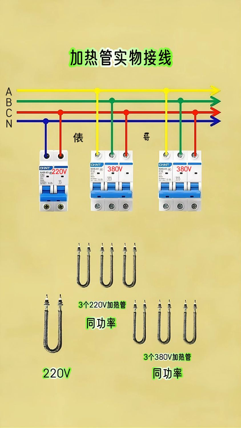 220伏加热管,380伏加热管,怎么接380伏电源?