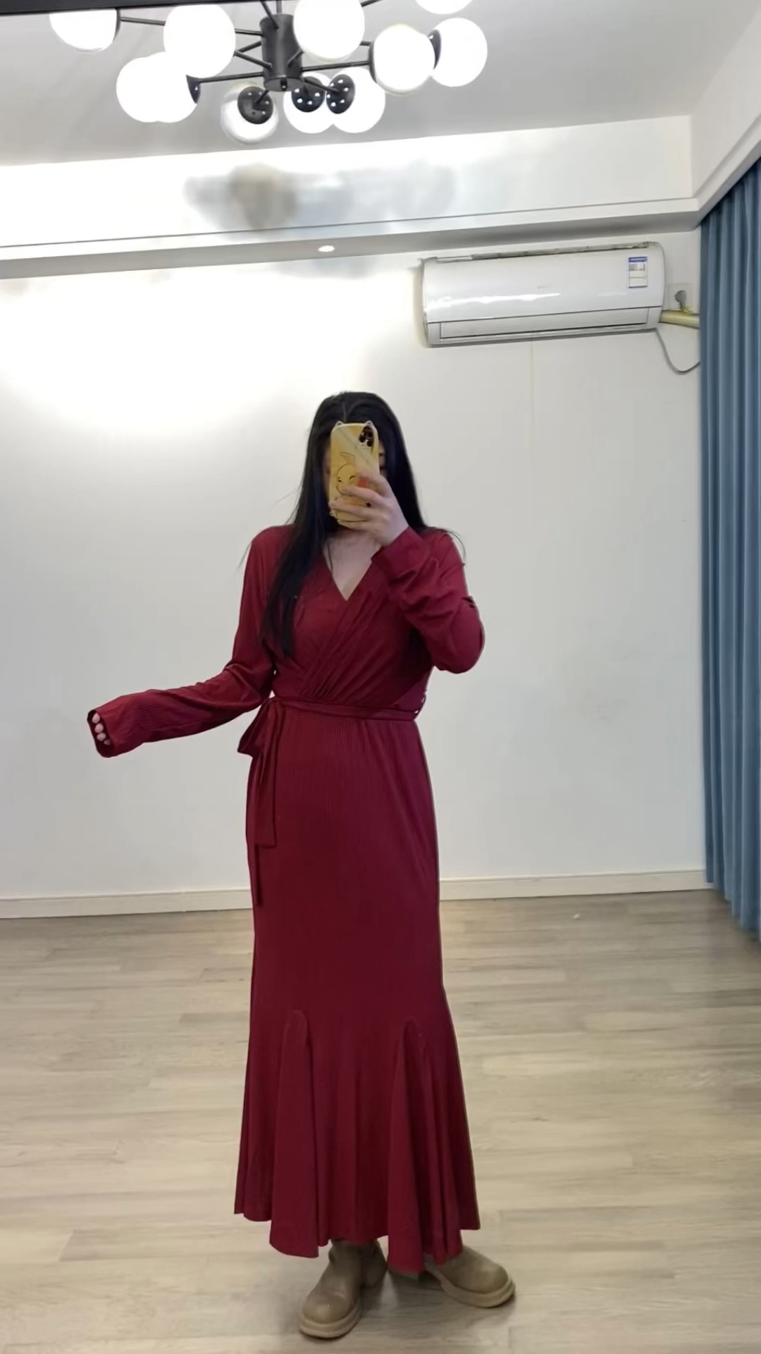 女人味鱼尾裙酒红色连衣裙