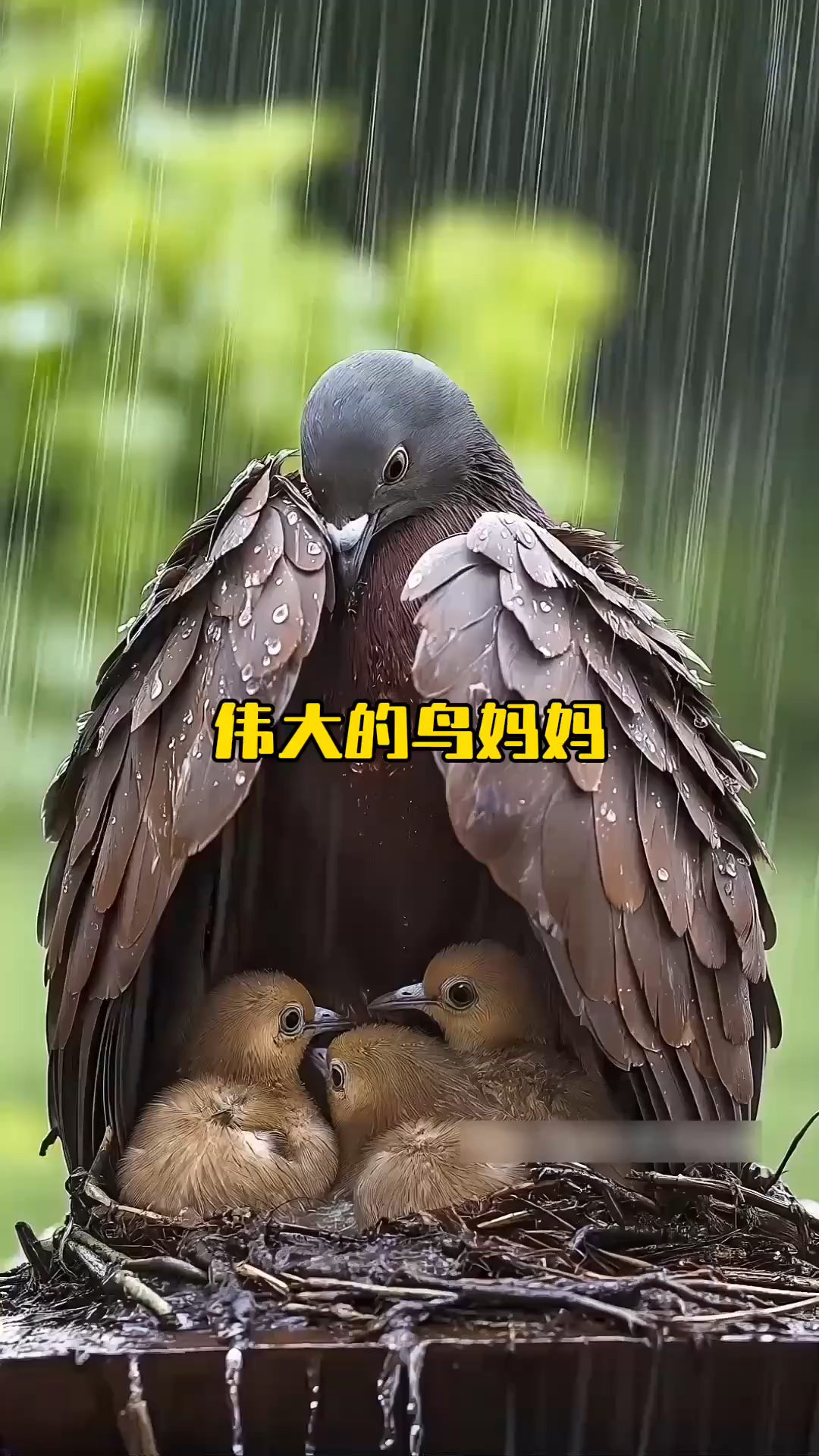 鸟妈妈张开翅膀为小鸟们遮风挡雨