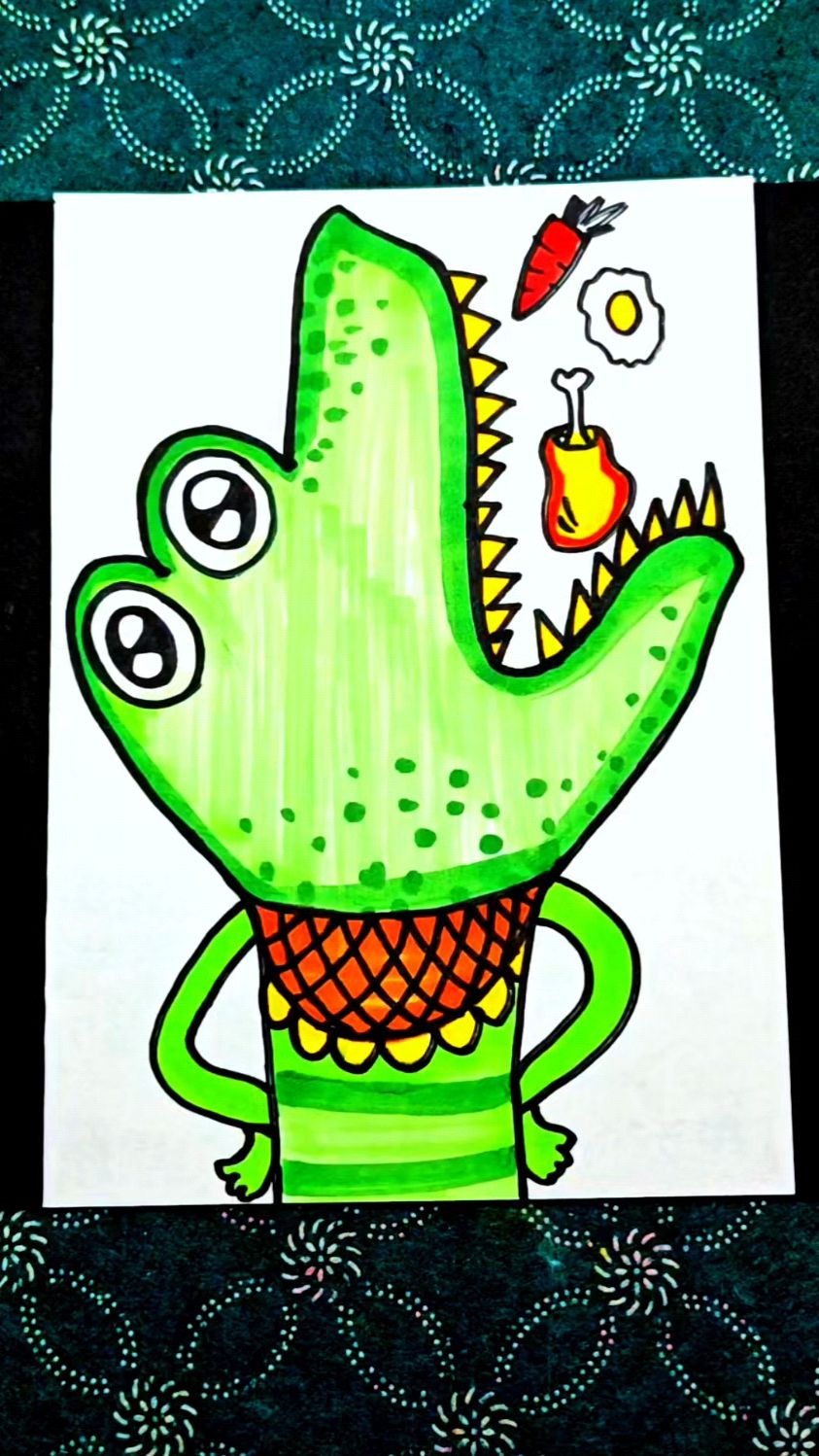 吃鸡腿的小鳄鱼简笔画教程#学生党 #手掌画 #简笔画 #鳄鱼