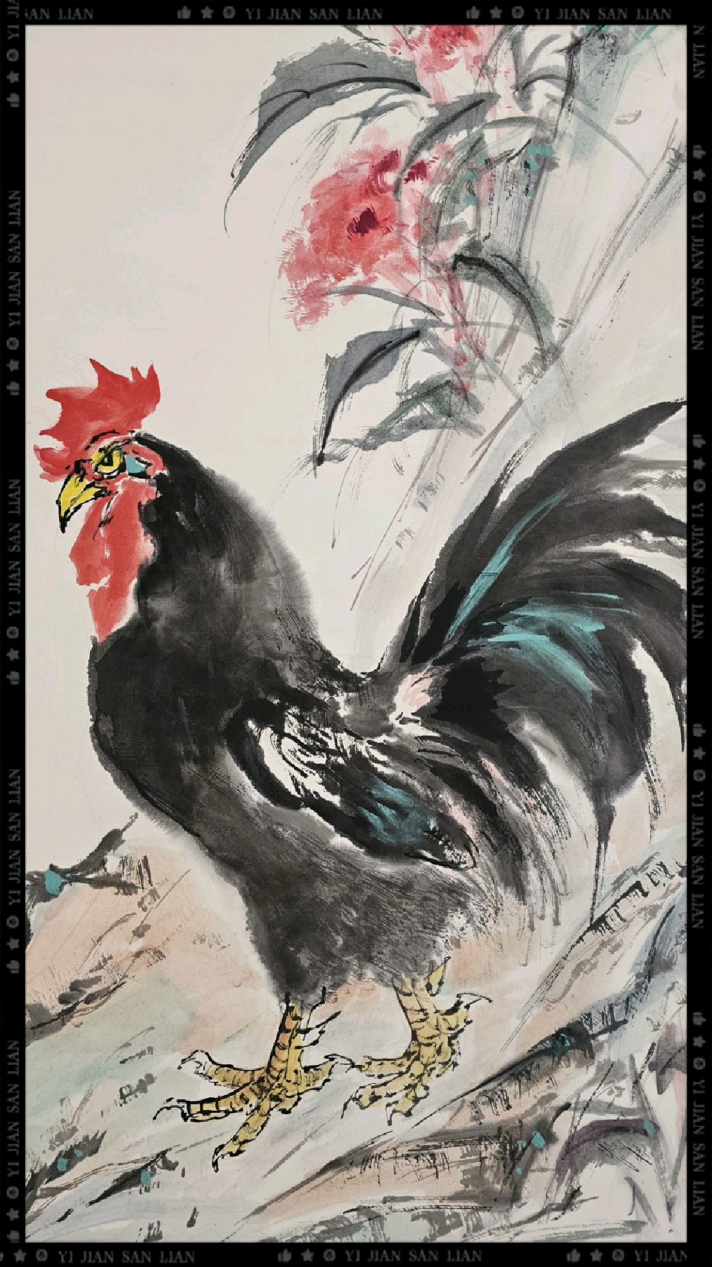 胡玉德老师国画《双冠图》雄壮大公鸡与鸡冠花组合寓意升官发财