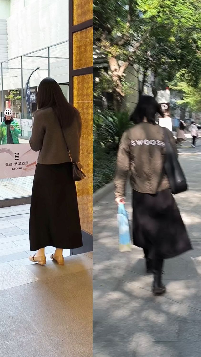 差不多的黑色半身裙,这两个小姐姐的搭配谁的更好看呢?