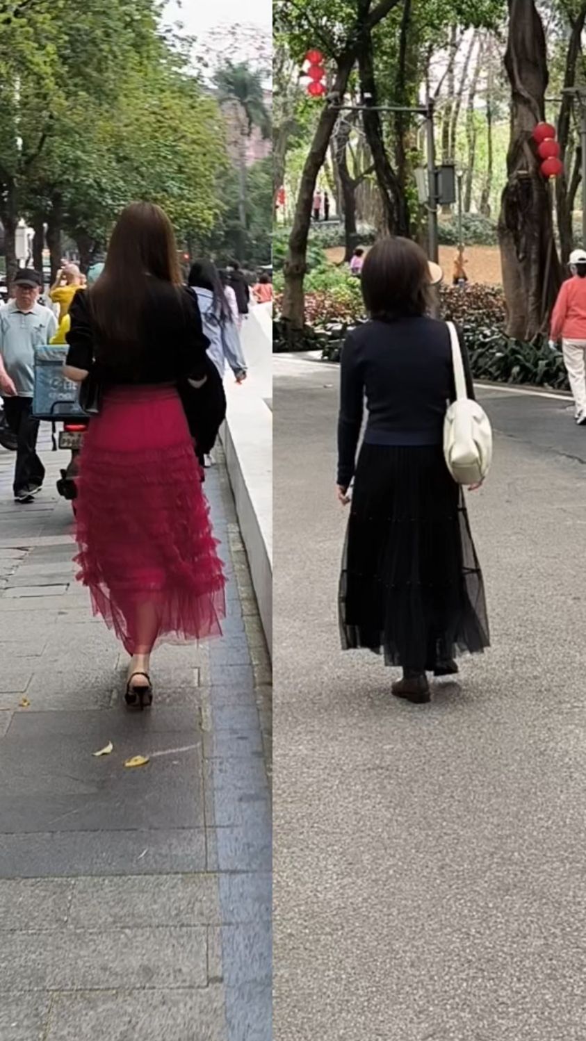 同样是穿长款纱裙,你觉得红色美,还是黑色美?