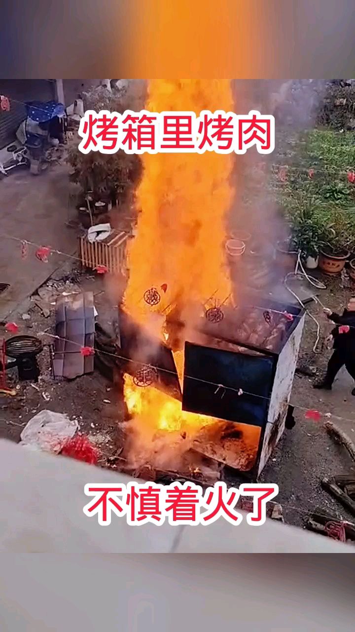 烤箱里烤肉,不慎着火了!