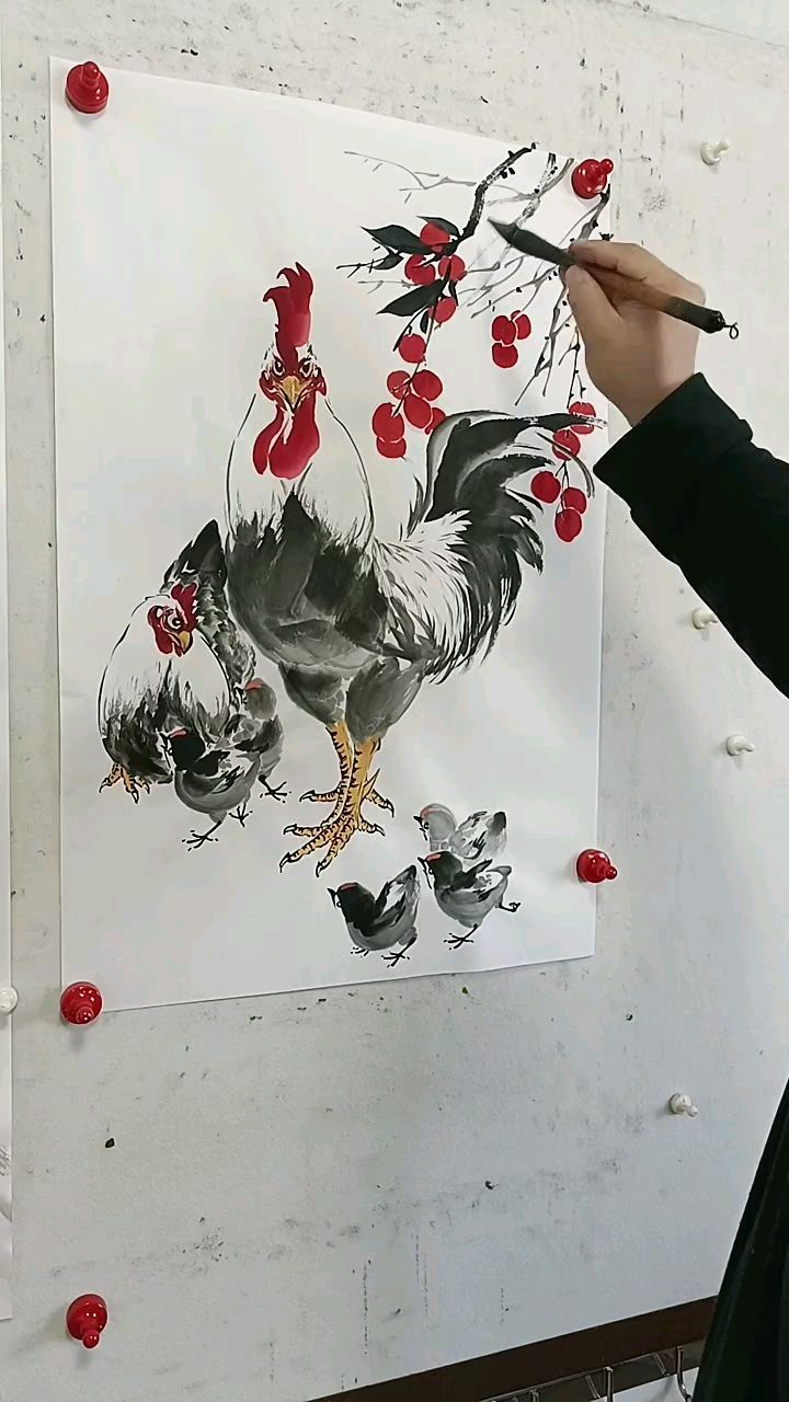 王兴民~国画公鸡:绘画作品视频,吉利图