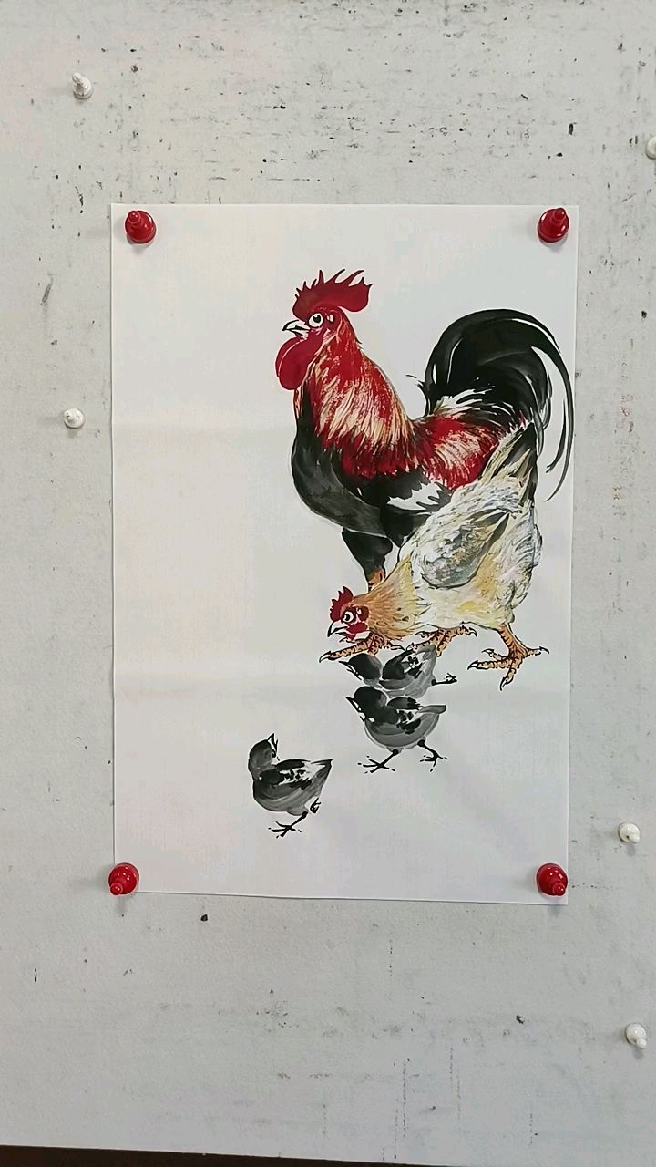 王兴民国画公鸡:公鸡,小鸡母鸡,全永的