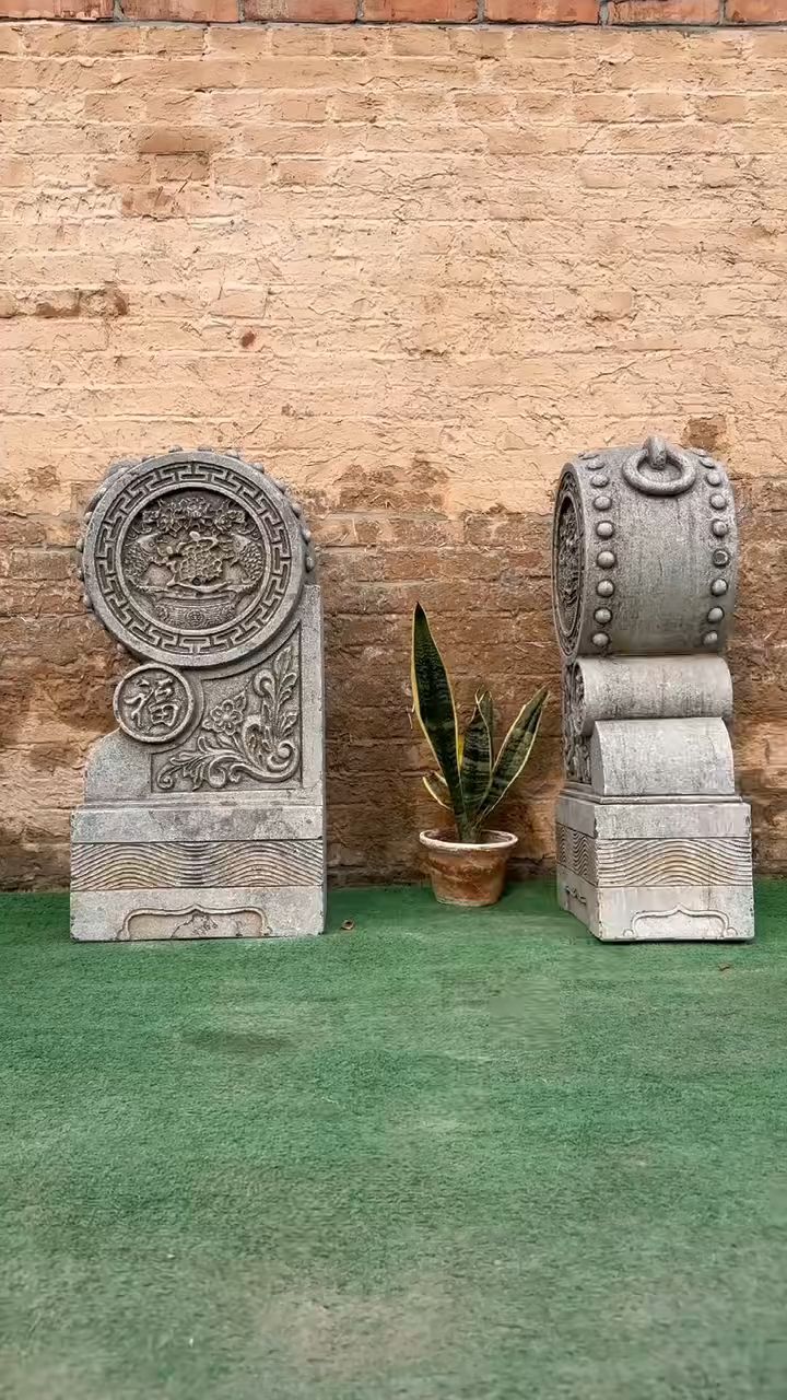 青石抱鼓门墩一对雕刻鲤鱼送福寓意年年有鱼吸财纳福