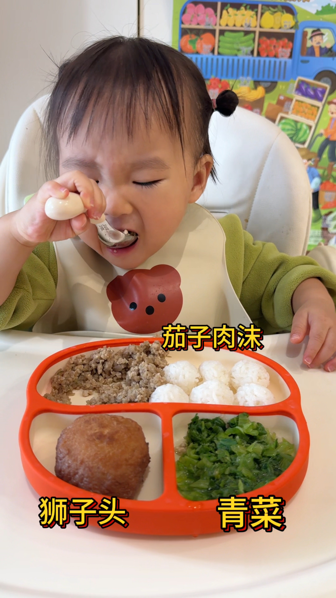 今日午餐:狮子头 茄子肉沫 青菜