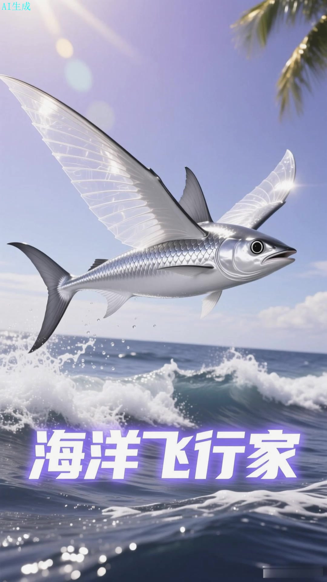 飞鱼展开胸鳍如银梭掠过靛蓝色涌浪的锋刃