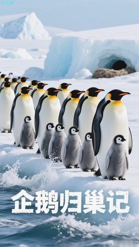 企鹅列队归巢，黑白身影在雪地连成移动琴键