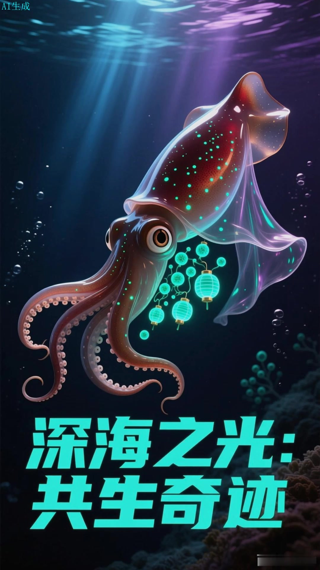 短尾鱿鱼，生物发光，与发光细菌共生形成发光器官
