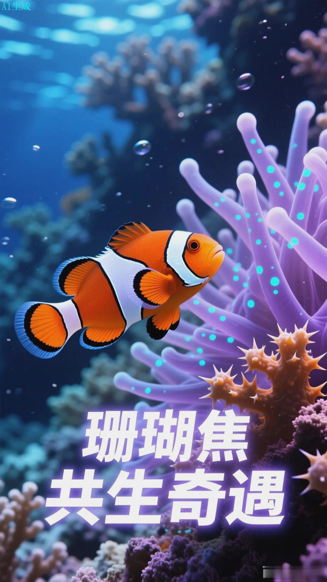 小丑鱼穿梭海葵林,橙白条纹是珊瑚礁的欢快音符