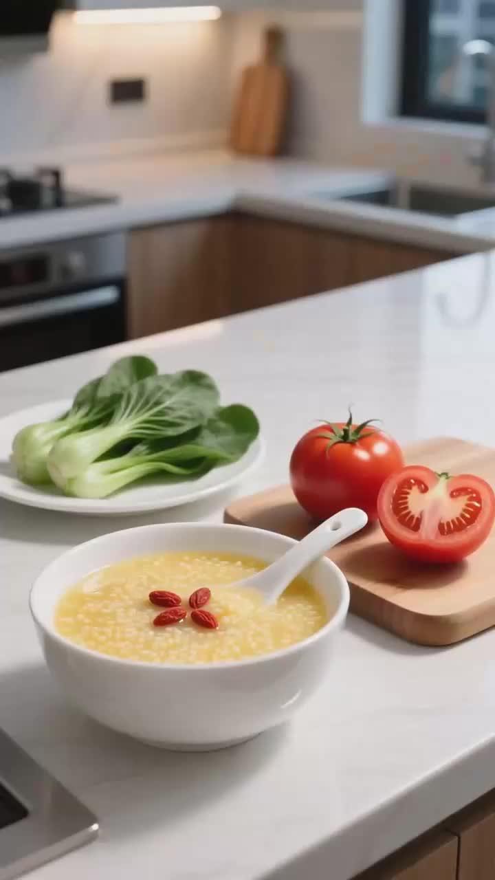失眠党晚餐喝小米粥 + 青菜 + 番茄,健康养生养胃 + 维生素,助眠