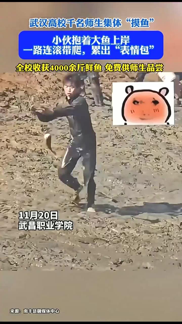 武汉高校千名师生集体“摸鱼” 小伙抱着大鱼上岸，一路连滚带爬，累出“表情包”全校