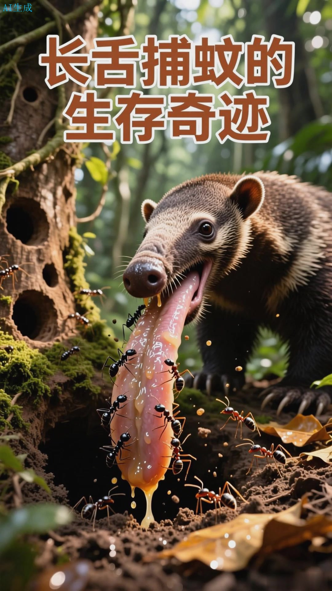 食蚁兽用长舌粘取蚁穴中成千上万蚂蚁