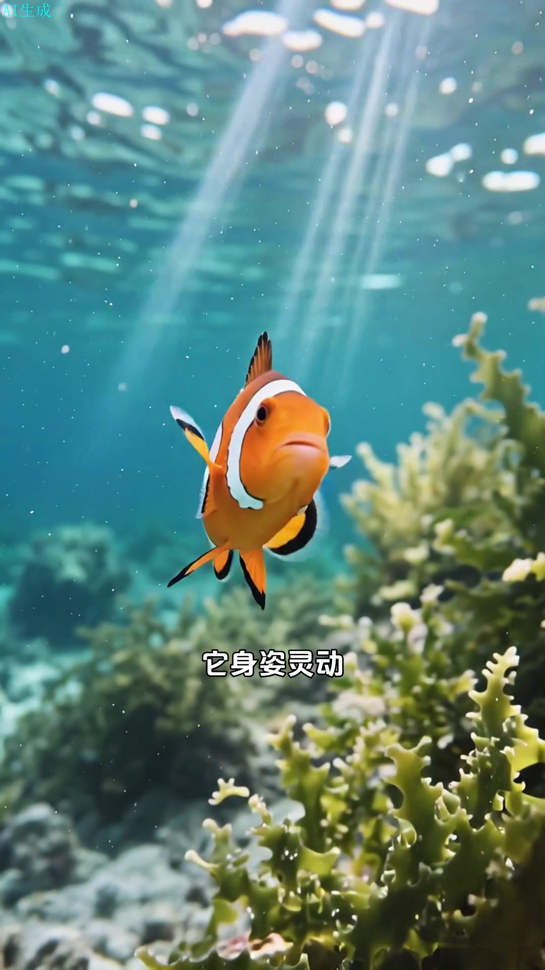 双带小丑鱼绕藻,尾鳍扫过藻间的轻晃