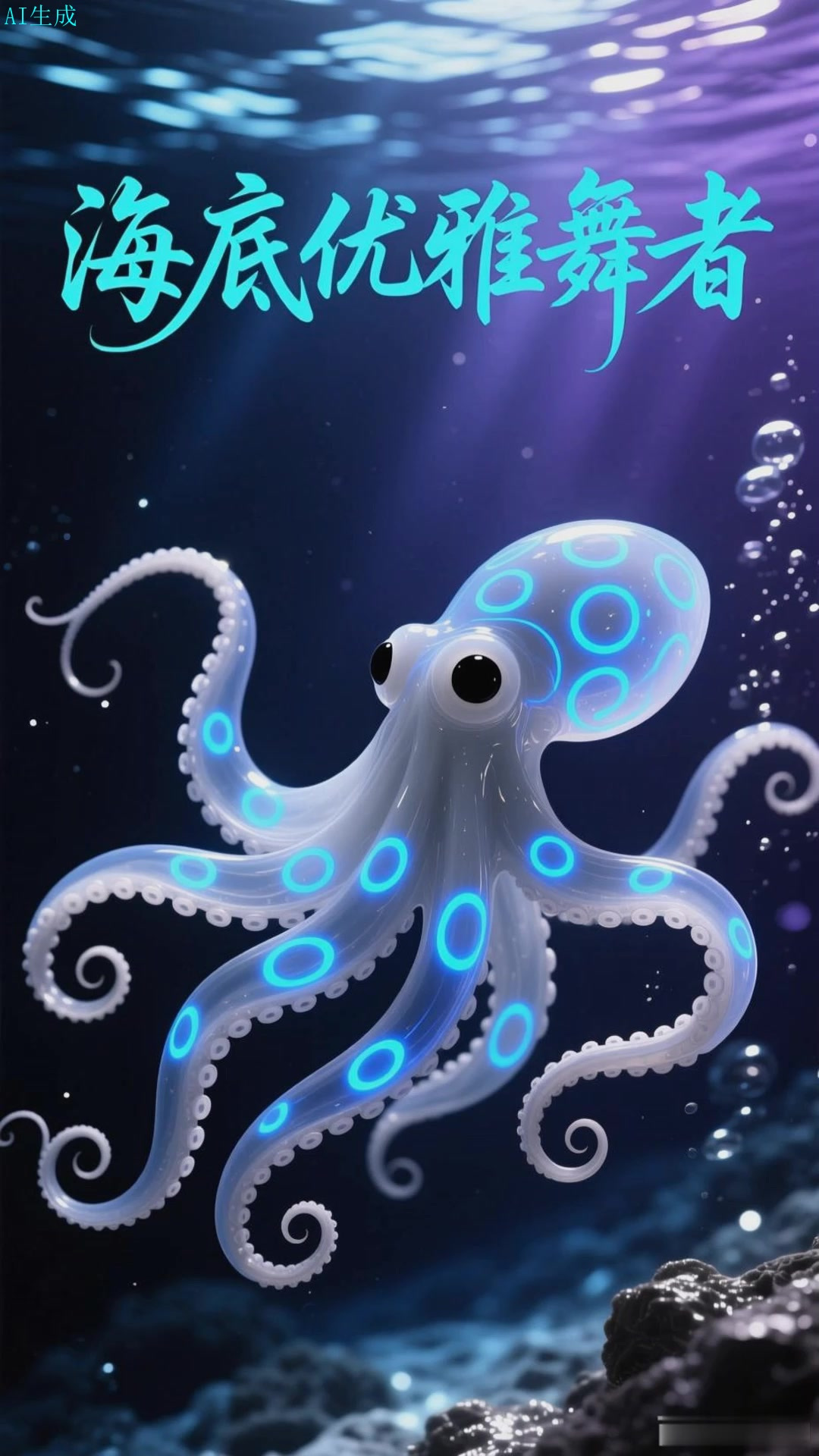 蓝纹章鱼在海底游动，姿态优雅，蓝纹闪烁吸引异性