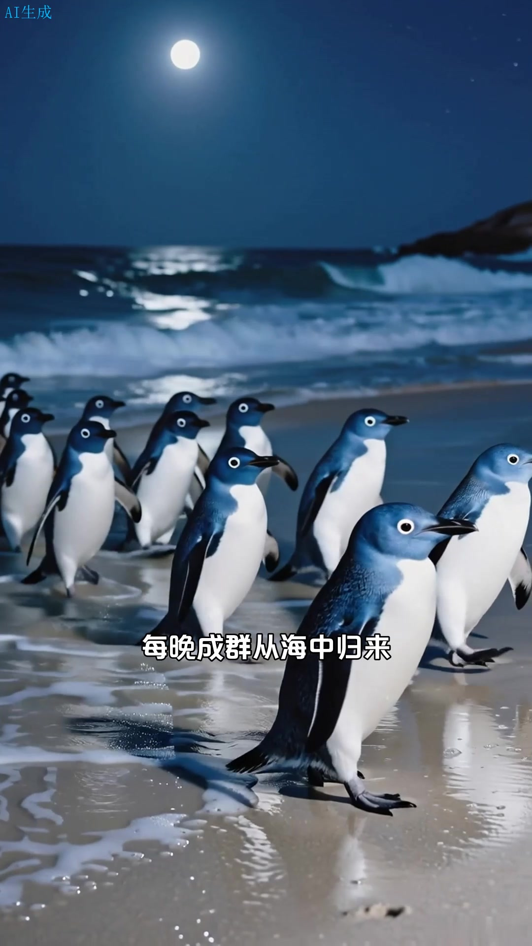 小蓝企鹅,夜归军团,每晚成群从海中归巢,如蓝色潮汐