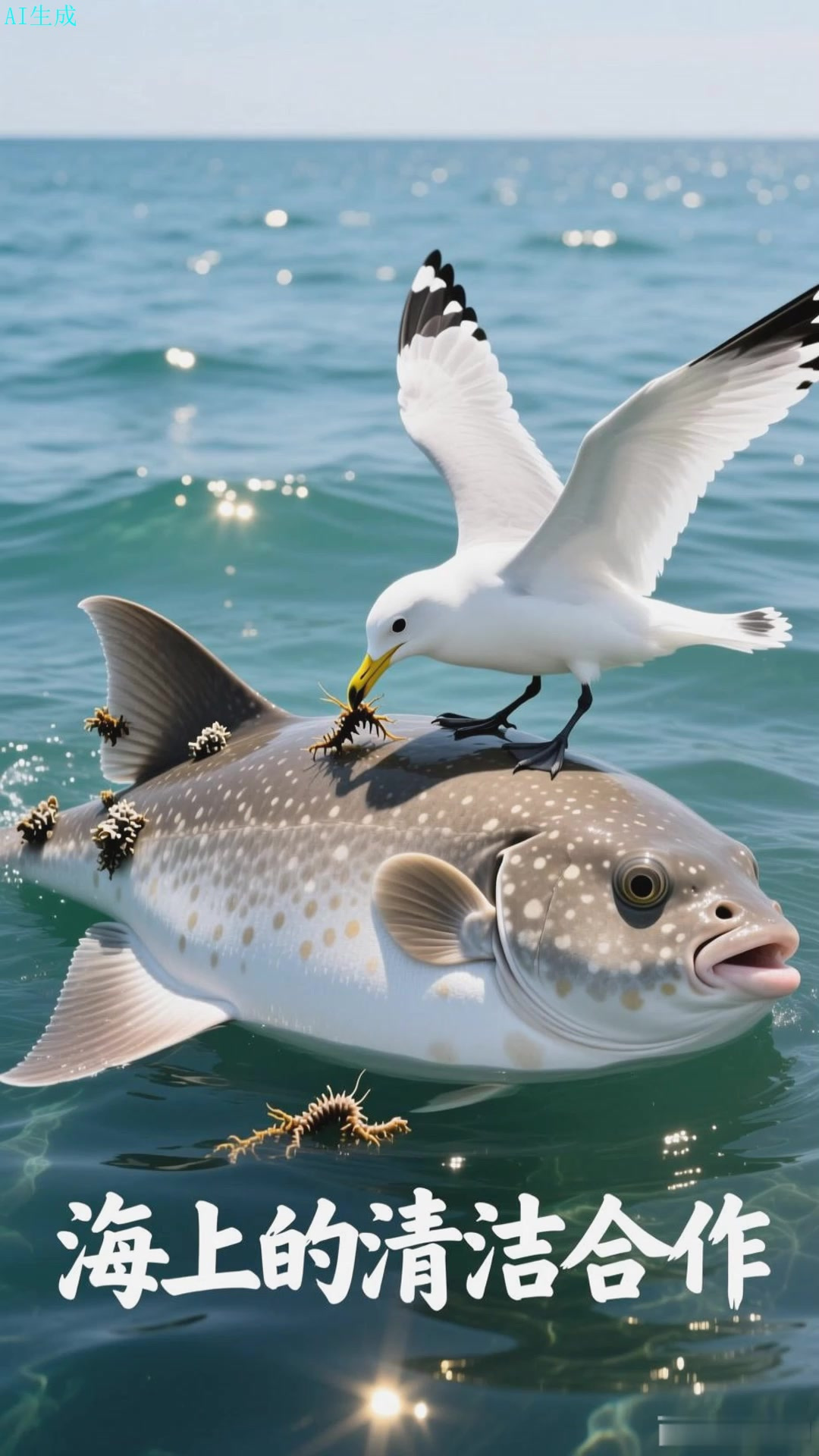 翻车鱼漂浮海面,让海鸟啄食体表寄生虫