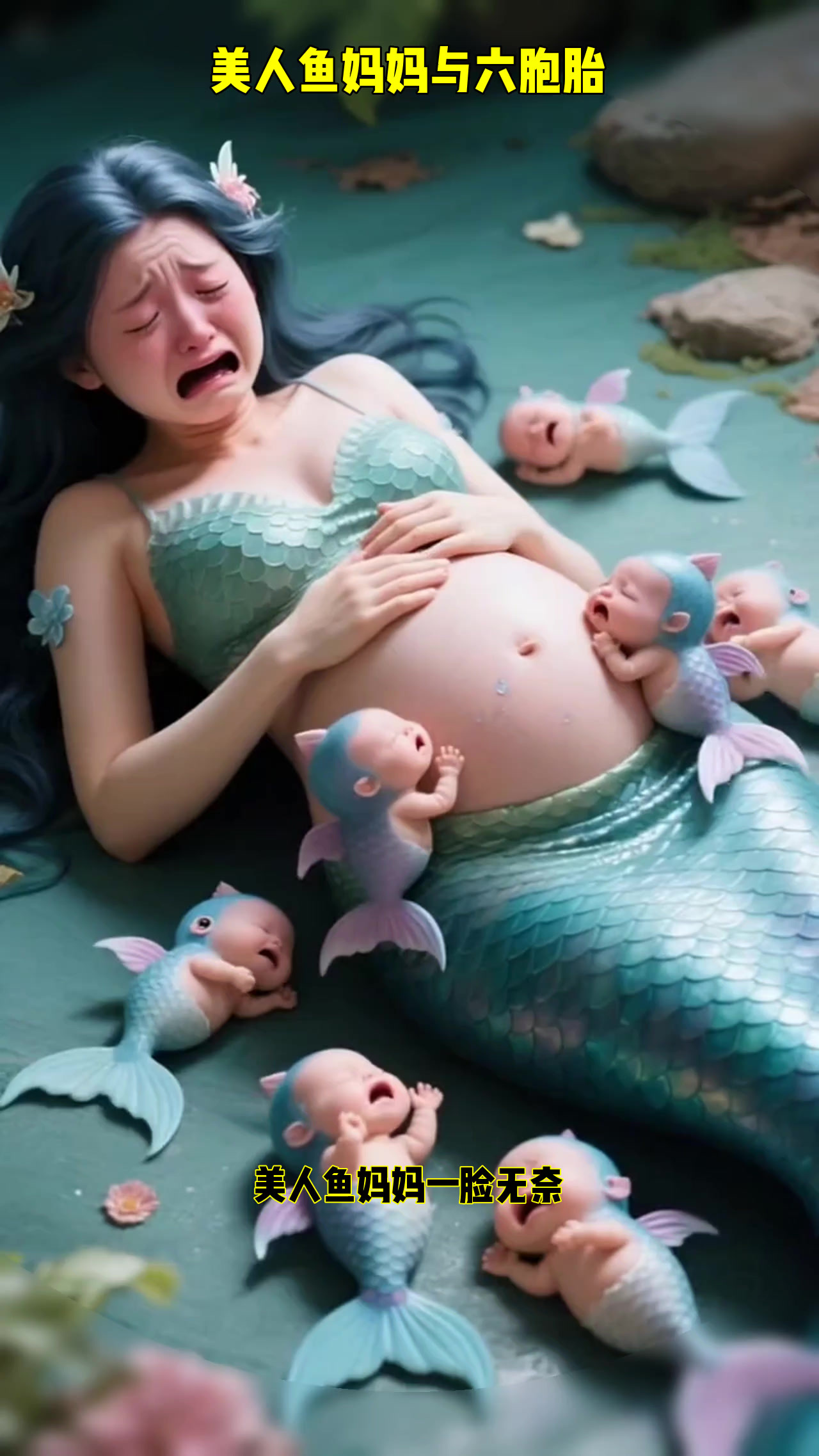 美人鱼妈妈生了六胞胎,宝宝们围着她撒娇,画面太温馨了