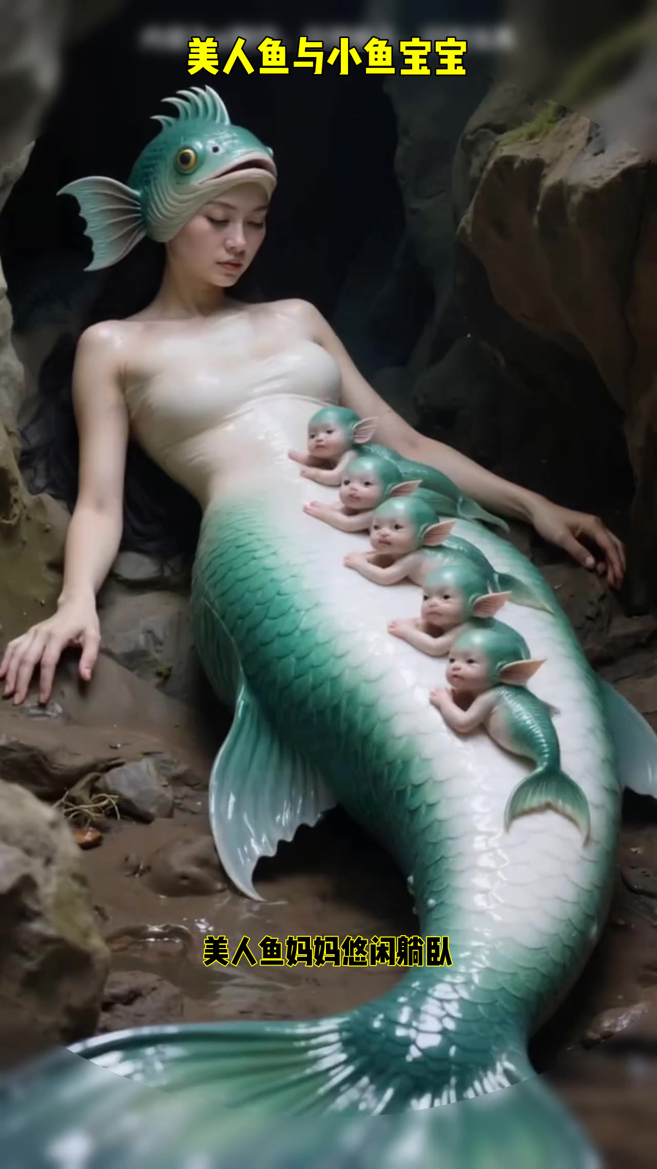美人鱼妈妈怀抱五胞胎小鱼娃，海底世界温馨一幕