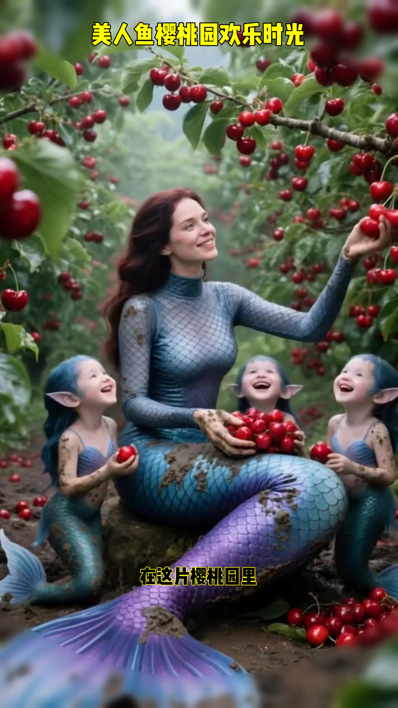 美人鱼妈妈和小宝贝们在樱桃园里开心摘果,笑容满溢