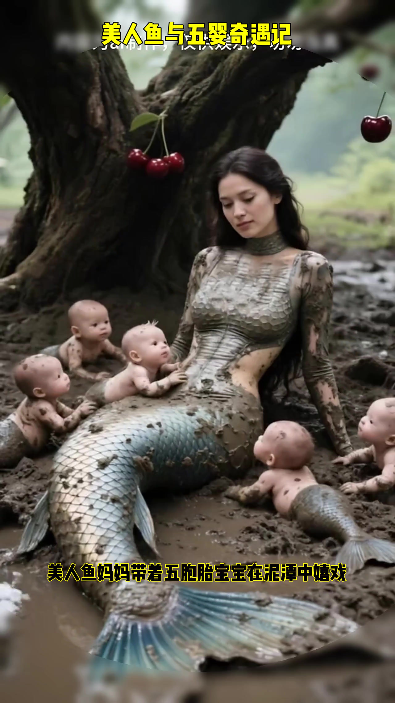 美人鱼妈妈与五胞胎宝宝的温馨时光，泥地里的幸福瞬间