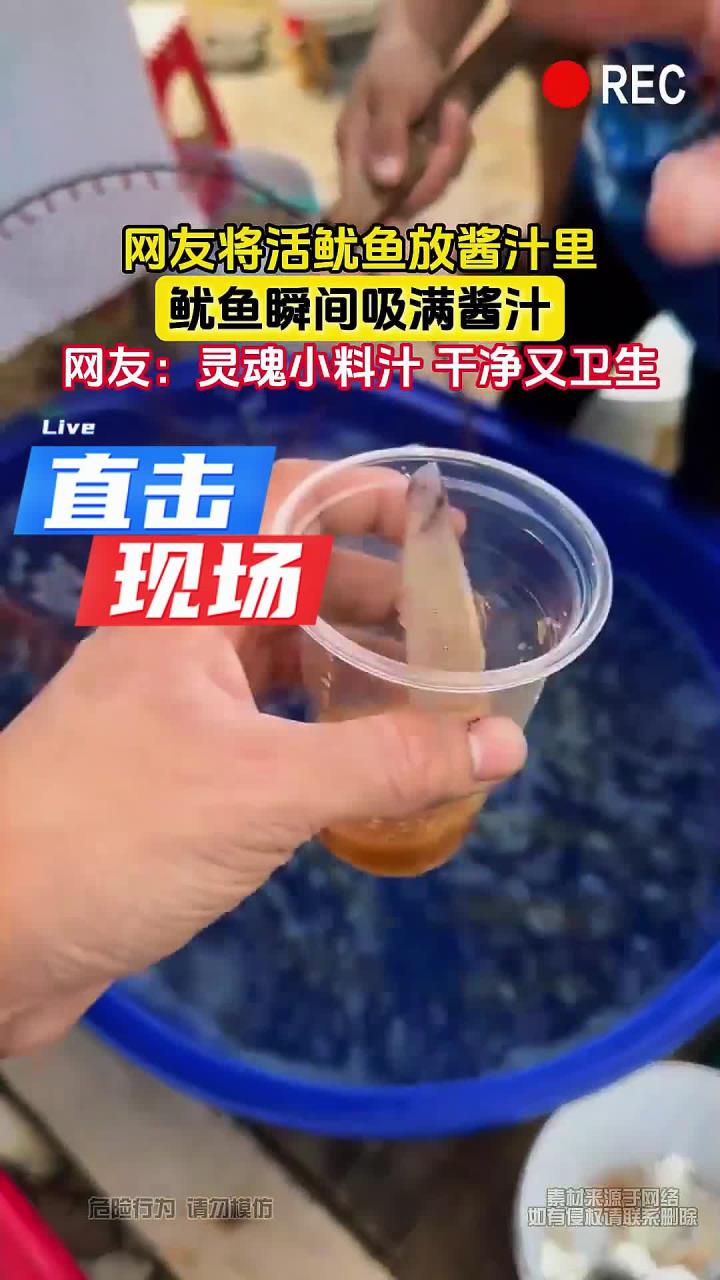 网友将活鱿鱼放酱汁里,鱿鱼瞬间吸满酱汁