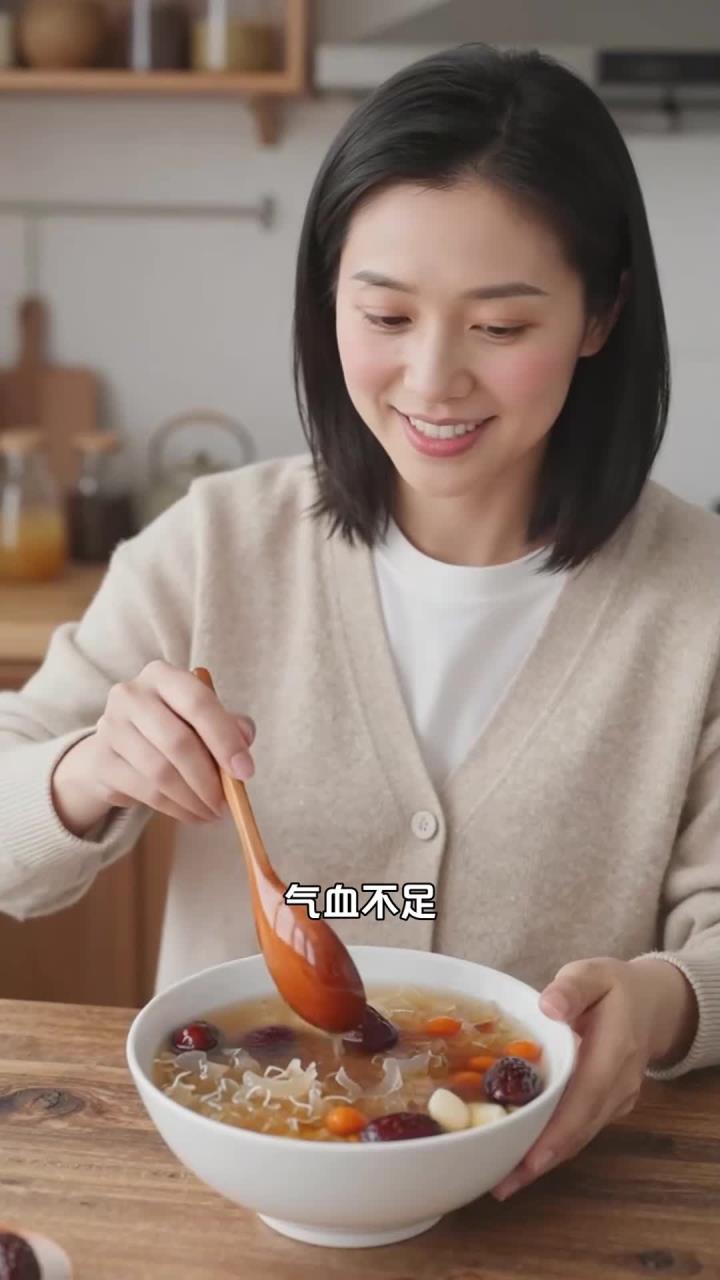 桂圆 + 银耳 + 红枣，煲汤温润，补心安神养气色