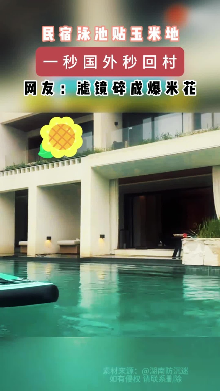 网友在民宿的泳池里玩耍,旁边居然是片玉米地,网友:转镜头前还以为在国外