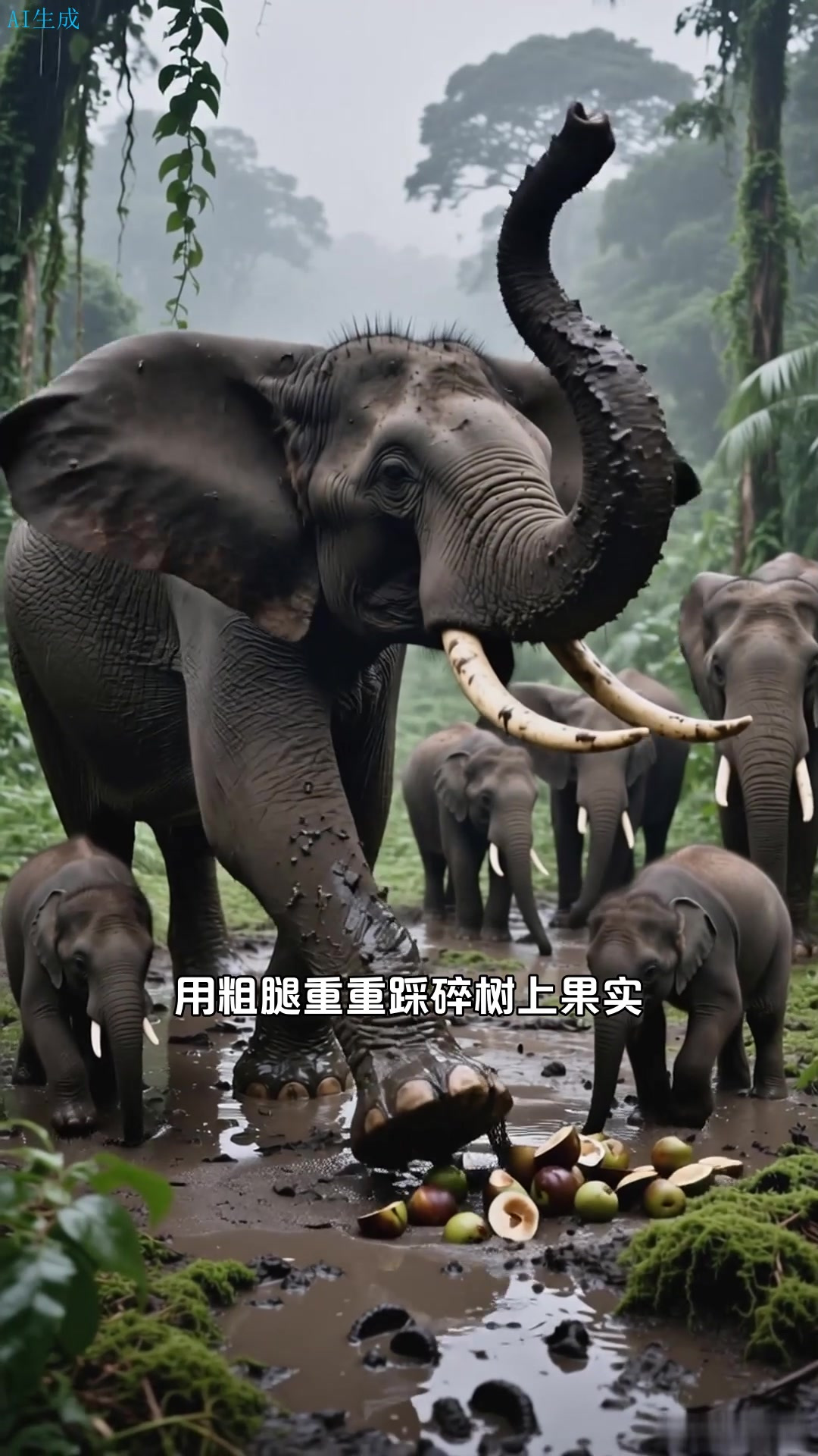 刚果雨林的非洲象群踩碎猴面包树果实